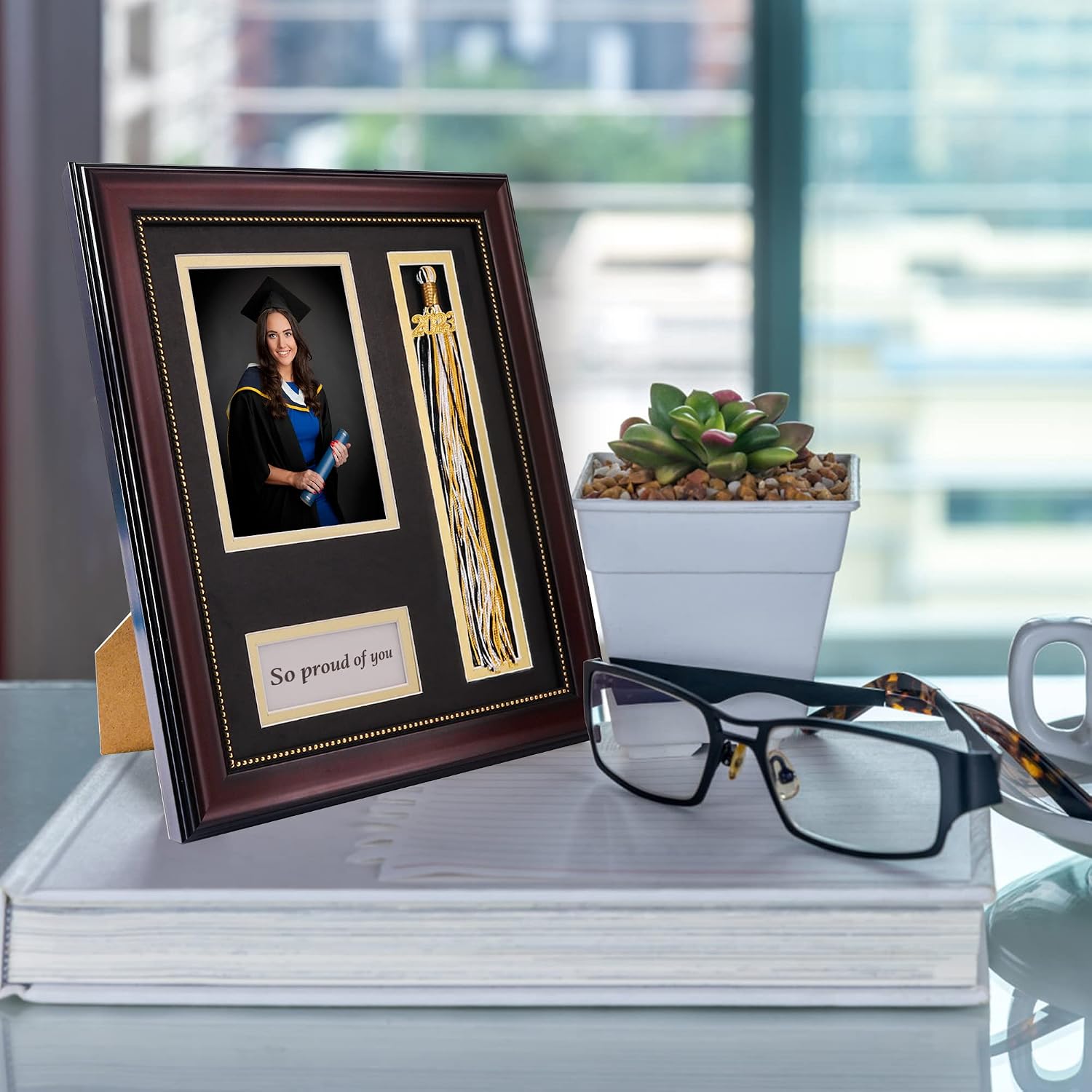 Graduation Photo Shadow Box Frame with Tassel Holder for 4x6 Pictures,Real Glass,Black over  Double Mat,Wall & Tabletop Design