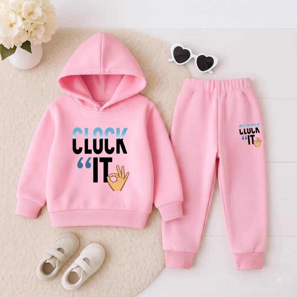 Kids’ Unisex Clock It Graphic Hoodie and Jogger Set, Fleece-Lined 2-Piece Tracksuit for Boys and Girls, Trendy Fall Winter Streetwear Outfit, Casual Indoor & Outdoor Wear