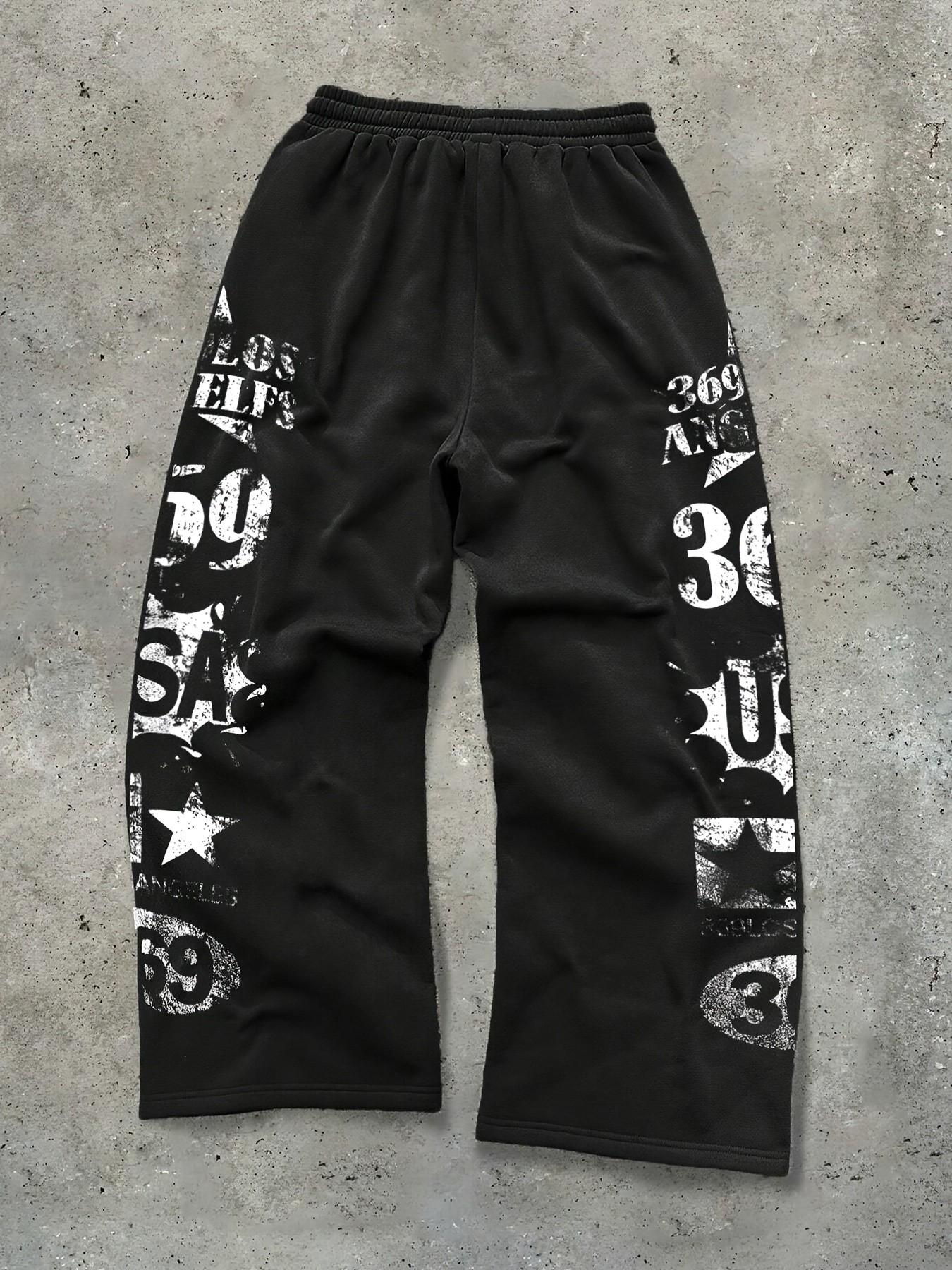 Vintage Washed Black Baggy Sweatpants Men Y2K Grunge Streetwear Joggers with Distressed Los Angeles Graphic Print Wide Leg Elastic Waist Casual Pants for Hip Hop Skate Daily Wear Athleisure Style Bottoms