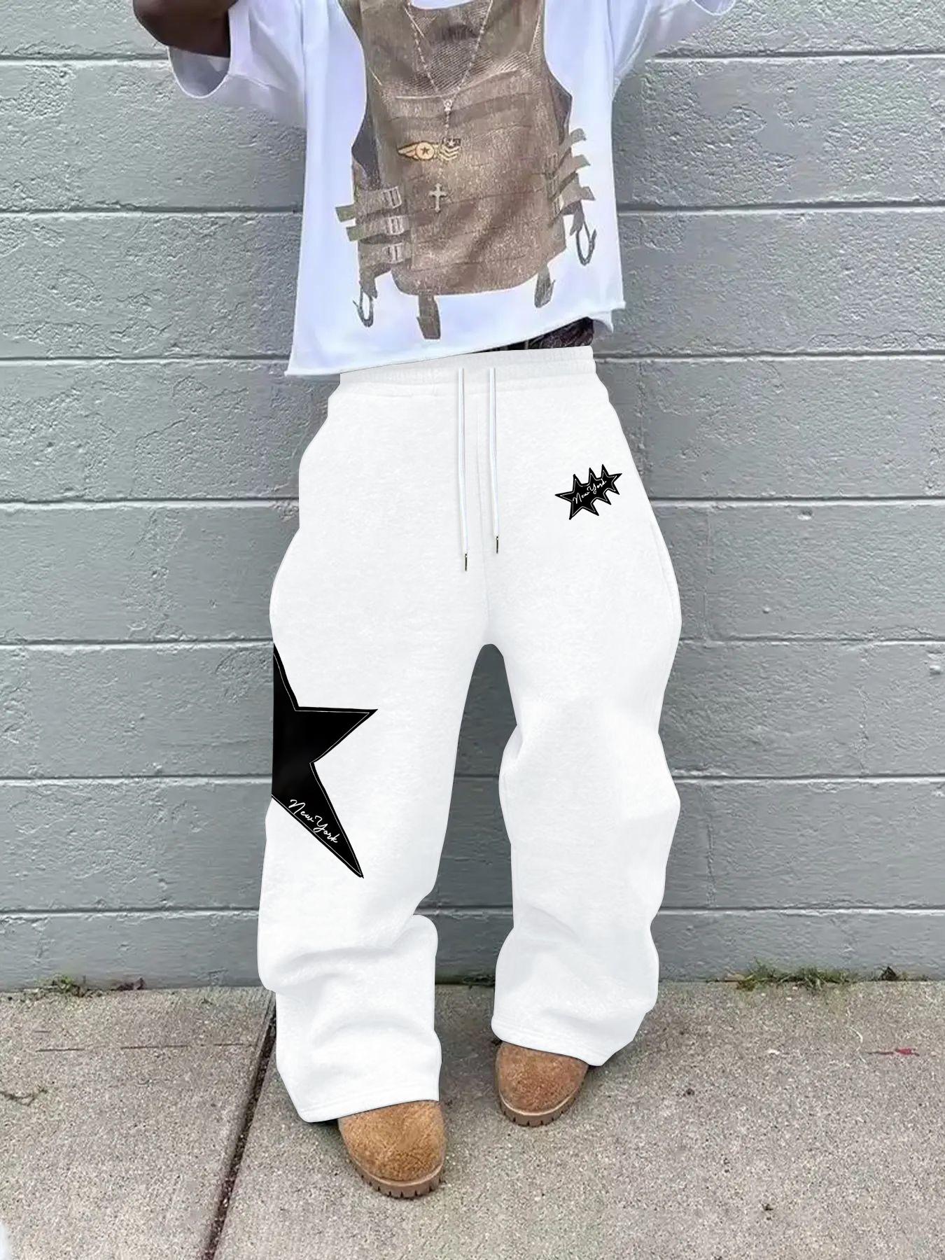 Men's Fashion Casual Straight Leg Pants, Star Print Drawstring Waist Sweatpants, Casual Streetwear Trousers, Summer Fitted Street Style, Perfect for Daily Wear