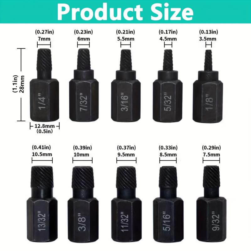 10-Piece Heavy-Duty Thread Extractor Set  Easily remove damaged, stripped, or broken bolts, hex screws, and fasteners. High-strength construction, durable and long-lasting.