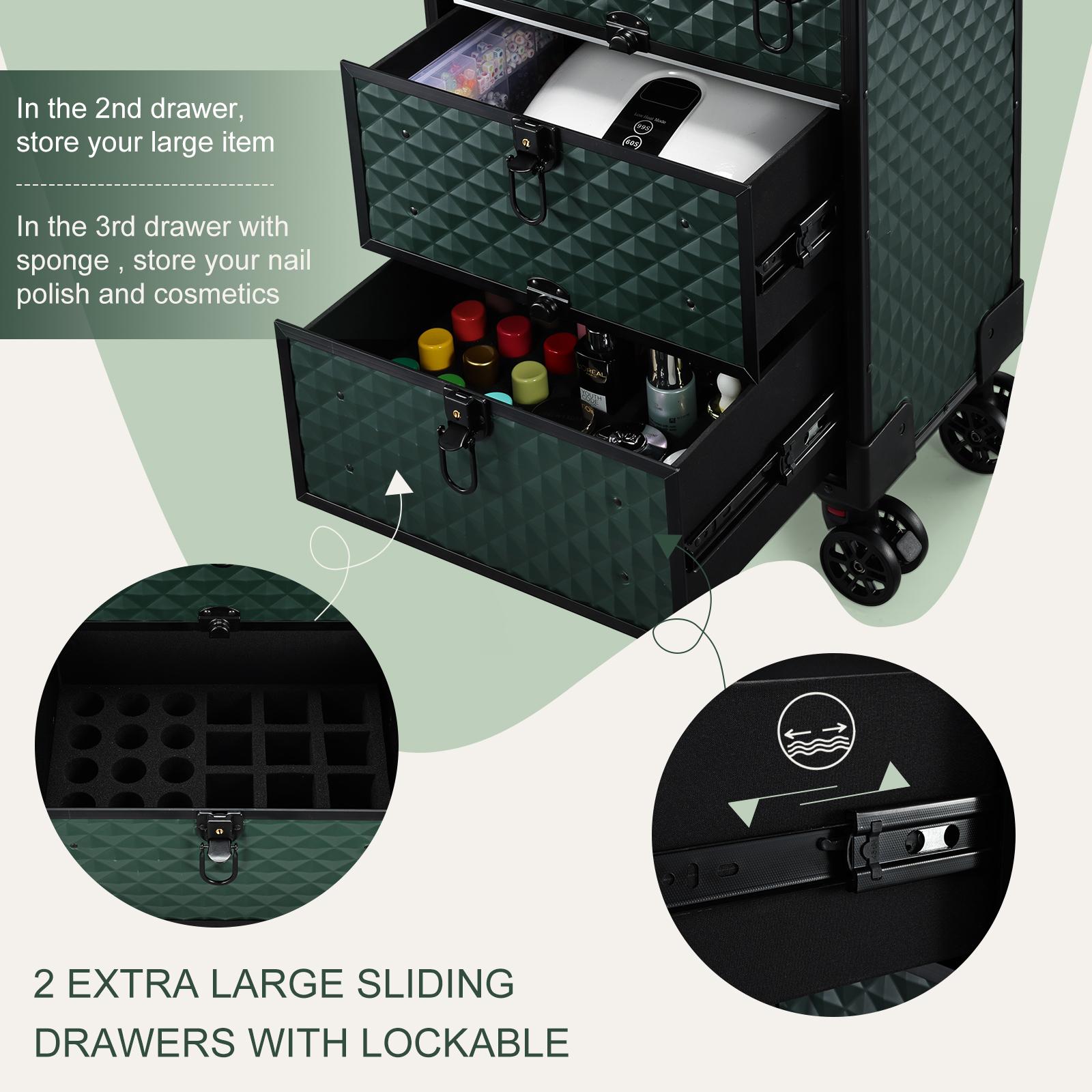 Joligrace Rolling Makeup Train Case Professional Cosmetic Trolley Nail Polish Organizer with 2 Large Drawers, Makeup Pouch for Artists Nail Technician Salon Cart Trunk Black