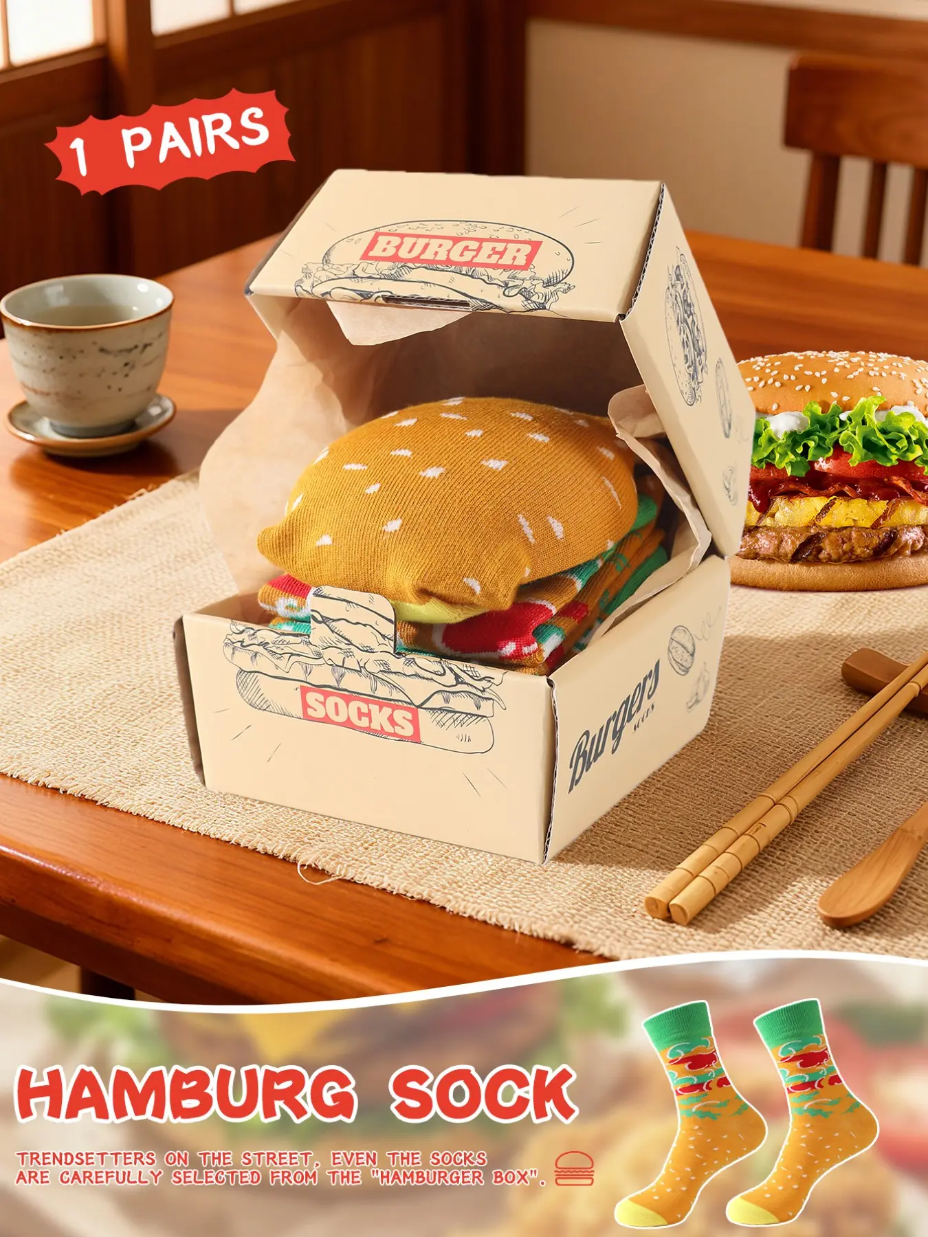Creative Burger Theme Crew Socks, Unisex Casual Calf Height Socks, Perfect Gift for Holidays & Events, Unique Design for Men & Women