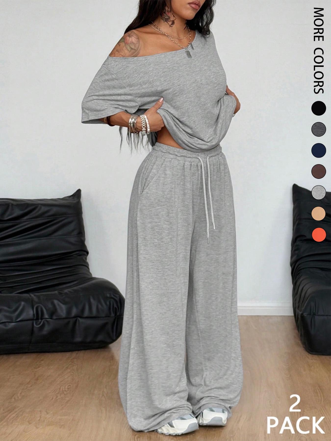 2pcs/Set Women's Minimalist Basic Daily Wear Casual Going Out Sport Comfortable Off Shoulder T-Shirt And Wide Leg Pants Two Pieces Outfits 2pcs/Set Women's Minimalist Basic Daily Wear Casual Going Out Sport Comfortable Off Shoulder T-Shirt And Wide Leg Pants Two Pieces Outfits