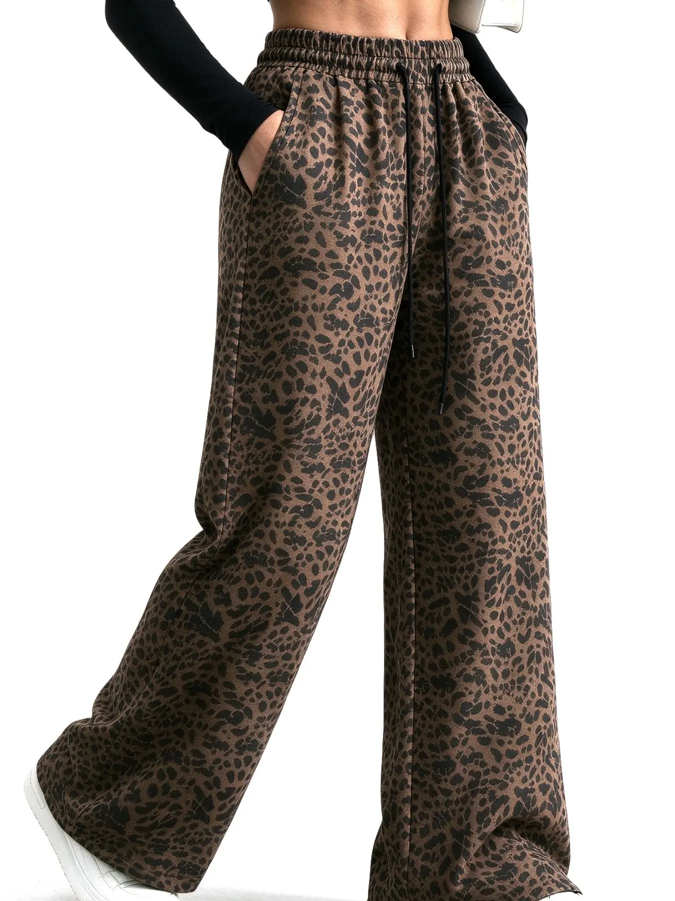 Women's Leopard Print Casual Pants, Ankle Length, Loose-Fitting, Elastic Waist with Drawstring, Pocket Design, Fall Winter Fashion