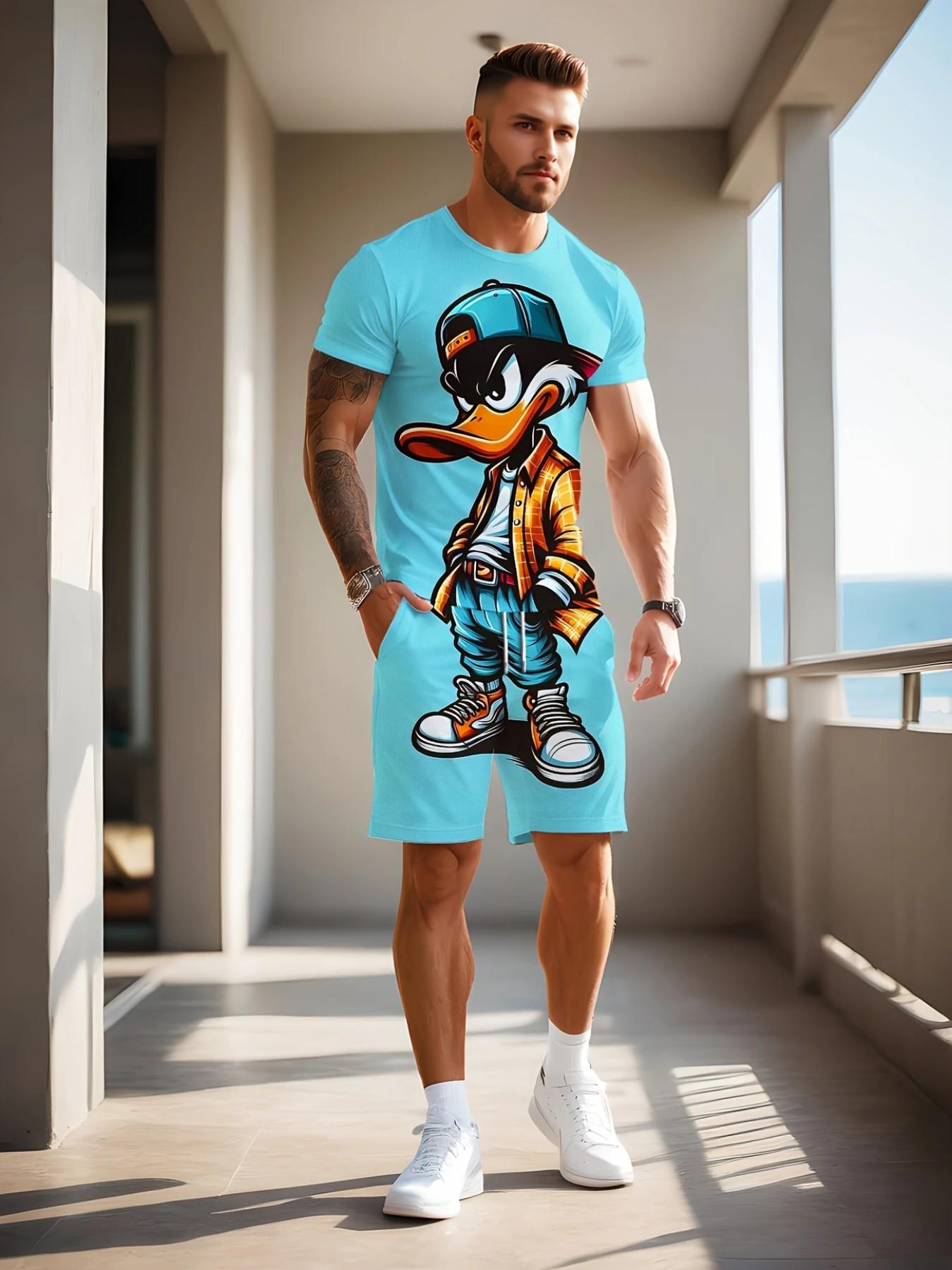Men's Y2K Style 3D Duck Print Sports Set, Casual Short Sleeve Top and Shorts, Perfect Gift for Men, Daily Outdoor Wear