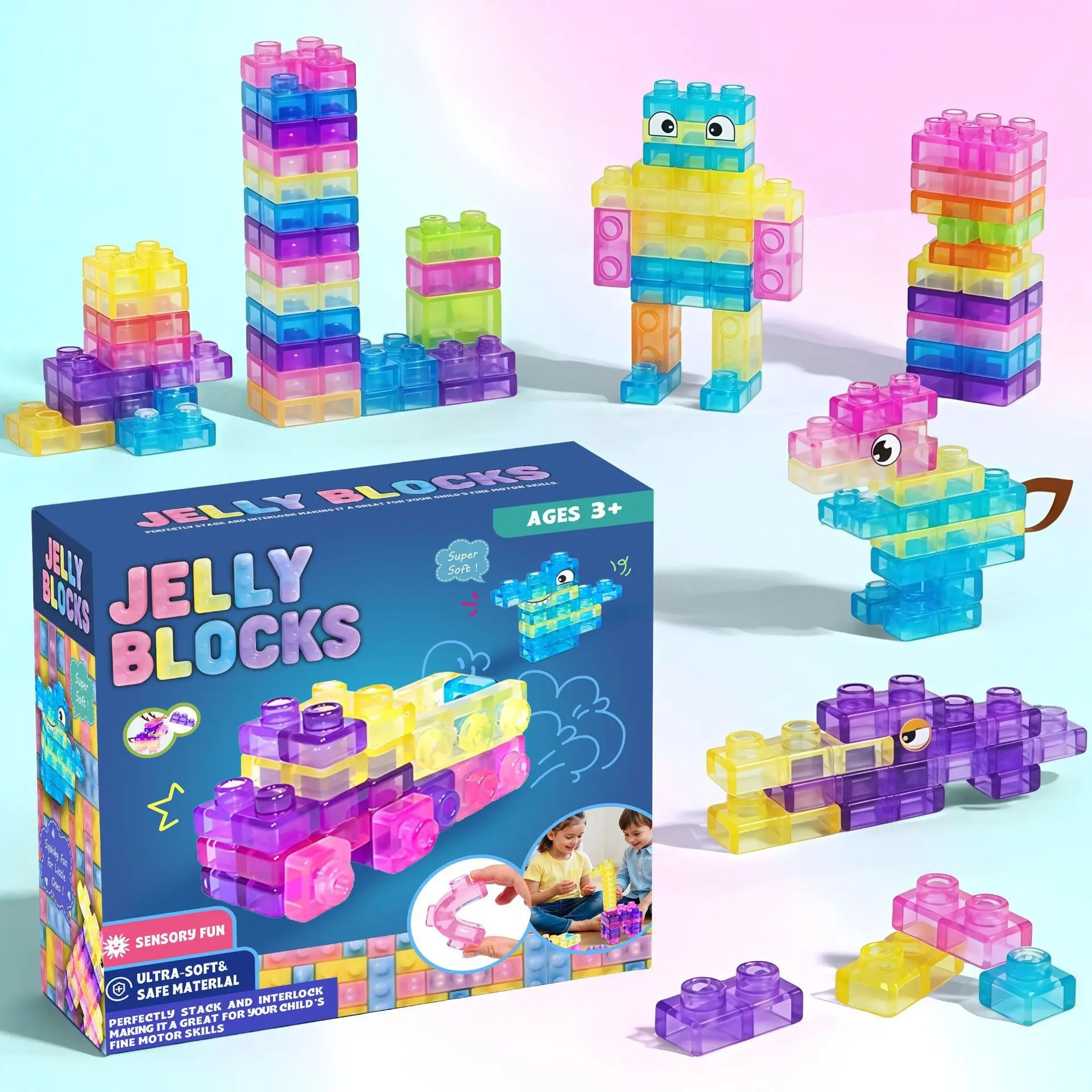 Soft Rubber Jelly Building Blocks, Squishy Blocks, Baby Transparent Stress-Relief Squeeze Sensory Toys, Educational Stacking Play Set for Kids
