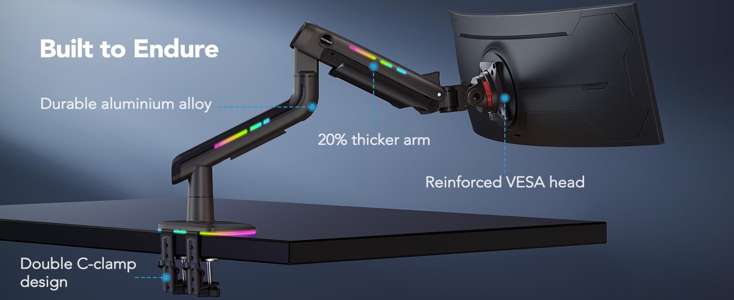 HUANUO RGB/Non-RGB Monitor Arm for Ultrawide Screens up to 57″/49'', Heavy-Duty Single Mount Holds 44 lbs, Fully Adjustable Gaming Monitor Arm with C-Clamp & Grommet Base, Max VESA 100 x 100mm