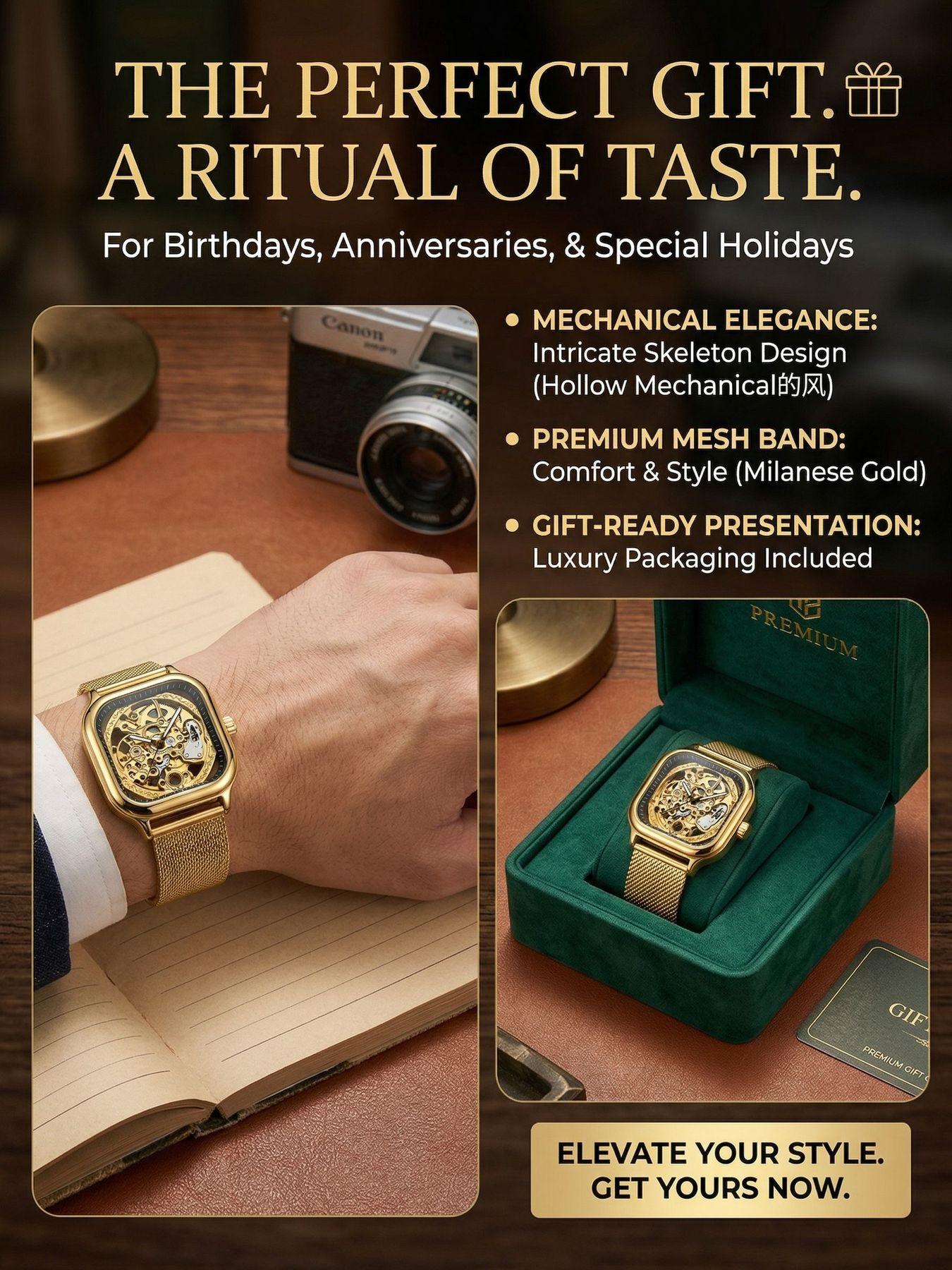 A men's open-work and see-through all-gold square case. Gold engraved movement. Business-style, luxury, trendy and personalized new model. Fully automatic mechanical wristwatch