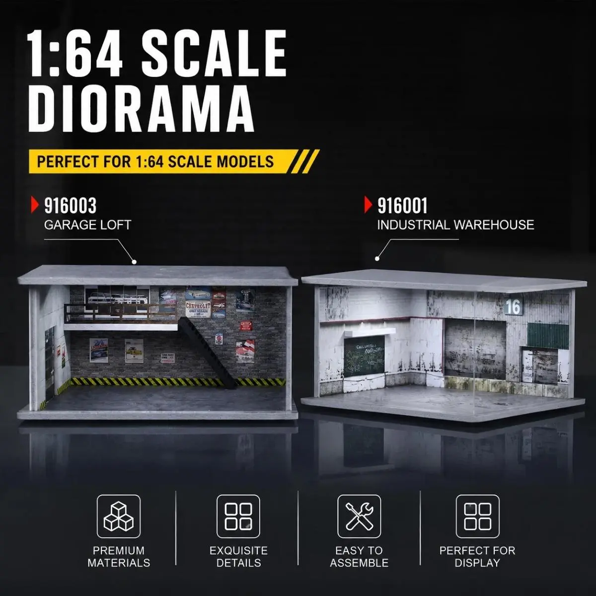 Diorama 1/64 City Scene Model Car Repair Shop Model Car Garage Warehouse Scene Model LED Lighting Maintenance Workshop Background Wall Car Parking Lot Scene Model Car Collection Display Die-casting Car Display Case