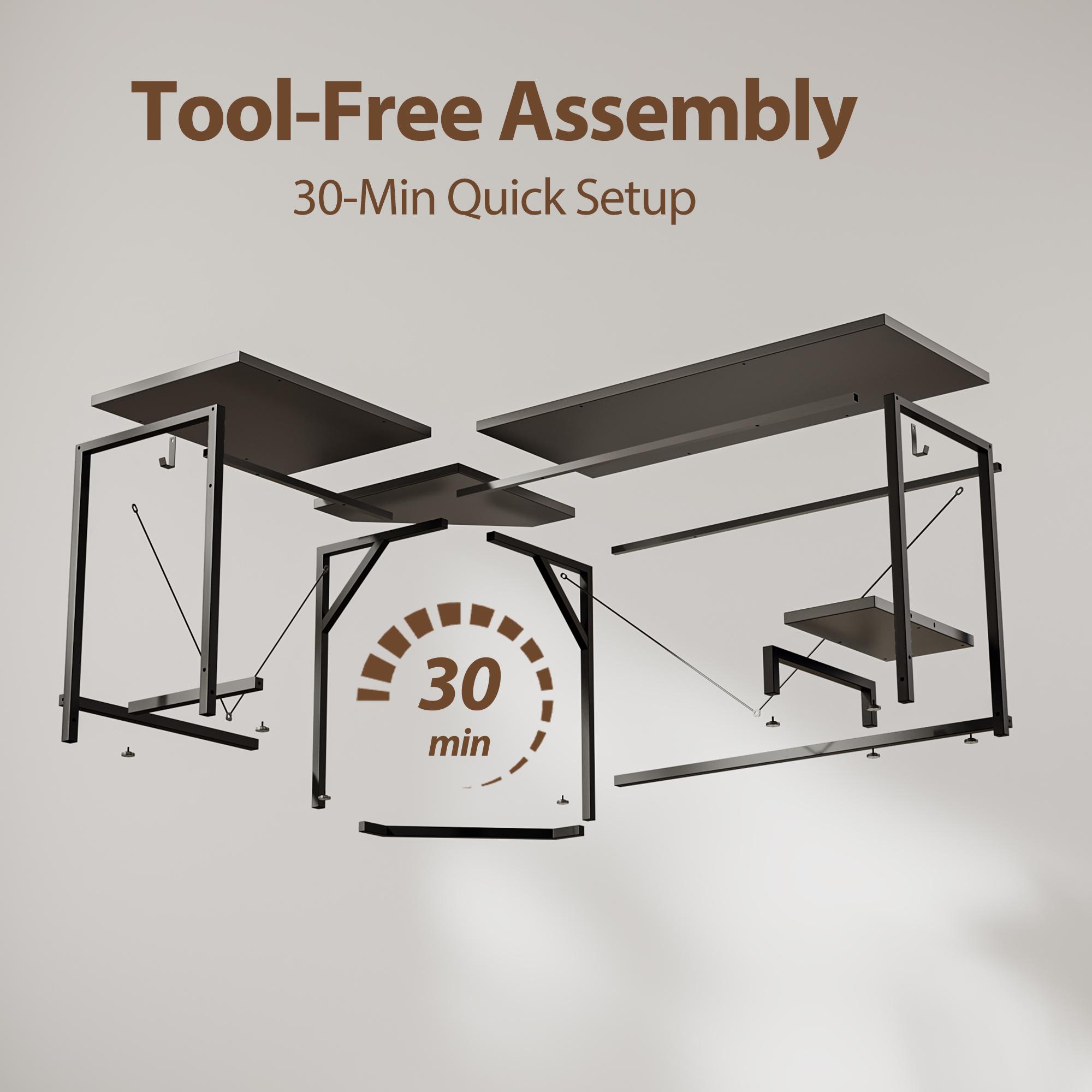 66.93 Inch L Shaped Desk for Home Office, Computer Desk, Corner Desk for Workstations, Gaming Table with Computer Tower Shelf and Hooks,Black