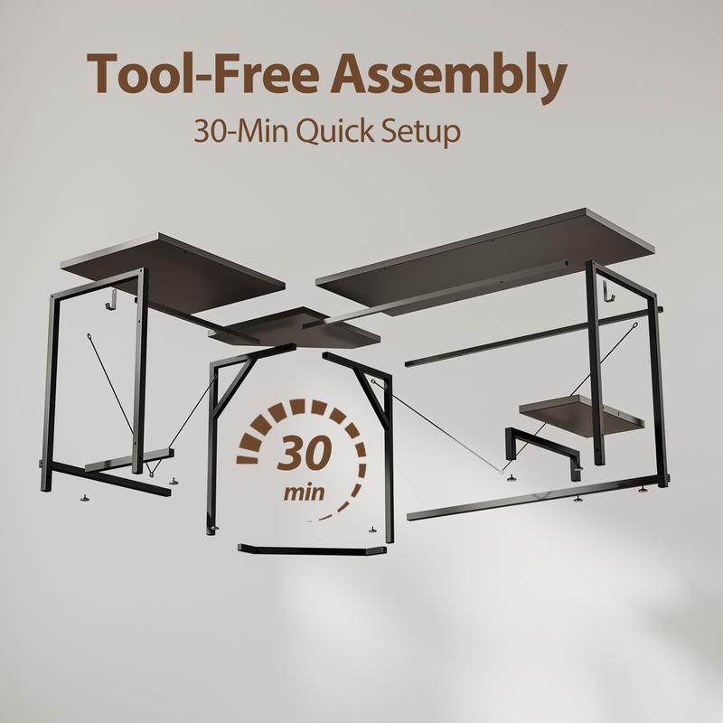 66.93 Inch L Shaped Desk for Home Office, Computer Desk, Corner Desk for Workstations, Gaming Table with Computer Tower Shelf and Hooks,Black