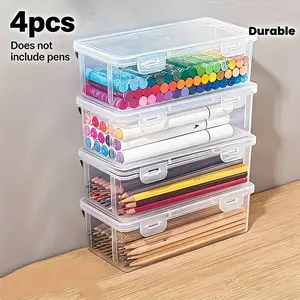 4-Piece Large Transparent Storage Box Set, Heavy-Duty Stackable Containers for Office & Art Supplies, Durable Plastic Material, Easy Carry Design, Clear Storage Box