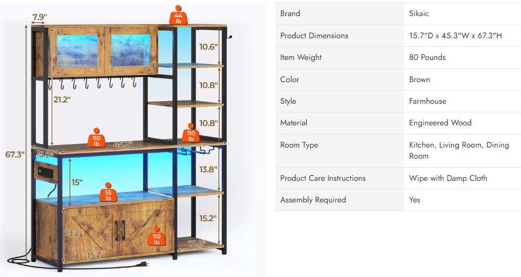 Sikaic 45.3 Inches Farmhouse Coffee Bar Bakers Rack with Power Outlet and LED Light Cabinet Kitchen with Storage Organiser Cup Holders Furniture Stand