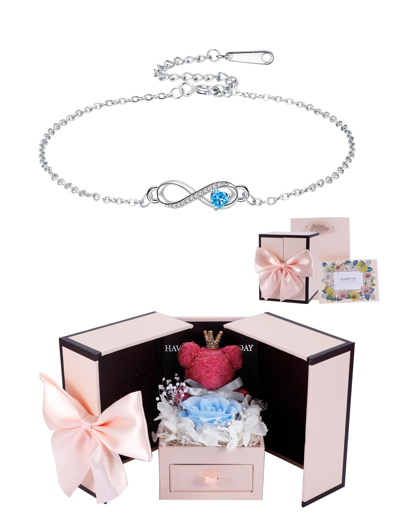 Love Heart CZ Birthstone Infinity Bracelets With Moss Bear Rose Jewelry Gift Box, Endless Love Symbol Bracelets for Women, Anniversary Birthday Christmas Jewelry Gift for Wife Mom Daughter, Heart Shaped Bracelet