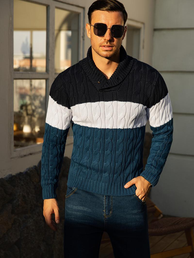 HYPESTFIT Men's Ink Blue Contrast Knit Sweater with Geometric Pattern Large Lapel Collar Long Sleeve Pullover for Fall Winter Layering Casual Menswear 100% Polyester Slight Stretch