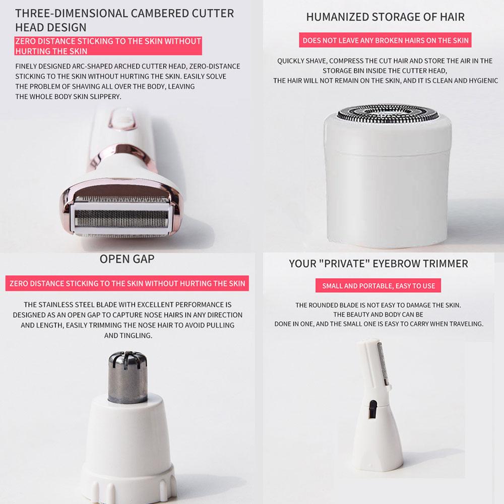 4 in 1 Electric Body Hair Trimmer, 1 Set Portable USB Rechargeable Hair Removal Tool for Face, Nose, Underarm, Eyebrow, Leg and Body