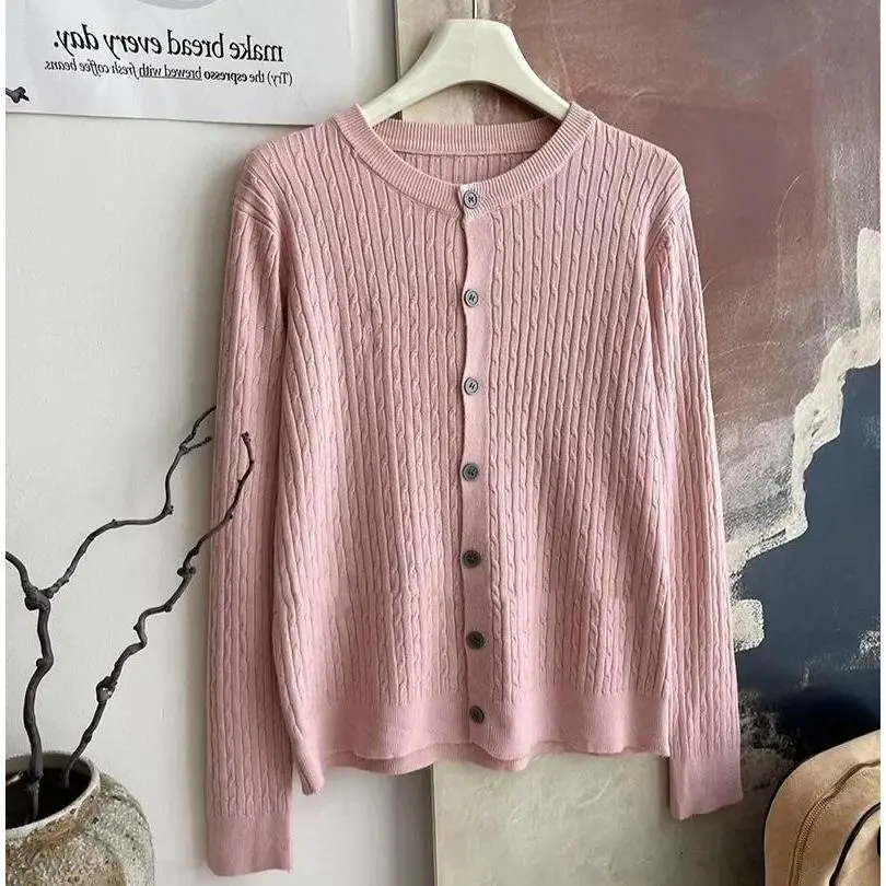 Red Cable Knit Cardigan Women's Long Sleeve Button Up Sweater Jacket Petite Teen-girl Autumn Winter Suéter Ligero