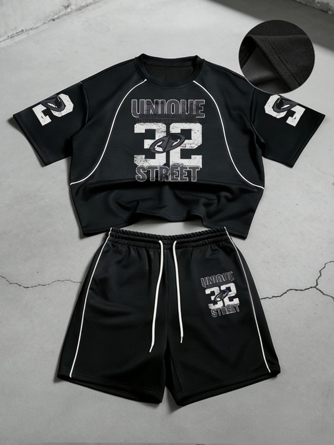 Men's Two-Piece Streetwear Set, Vintage Print Knit T-Shirt + Five-Quarter Pants, Y2K Basketball Style, Summer Sports, Teen Boys & Young Adults