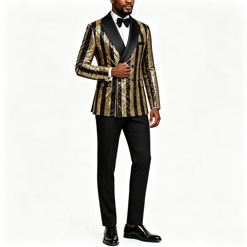 Men's Tuxedo Suit, Double-Breasted Fitted Sequin Blazer with a Gold Stripe Print, 2-Piece Formal Evening Outfit for Wedding & Prom, Watch Party, Menswear, Long Sleeve Shirt