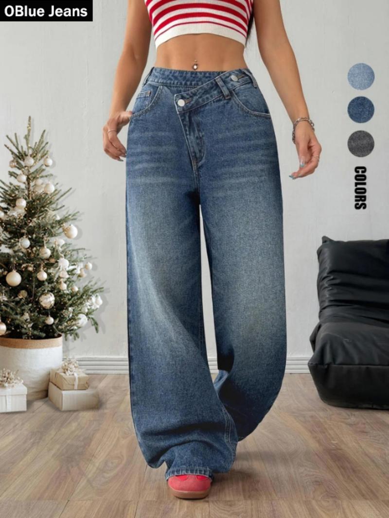 OBlue Jeans Women's Plain Asymmetrical Waist Button Baggy Stacked Jeans, Fashion Casual Denim Jeans for Daily Wear, Ladies Bottoms for All Seasons