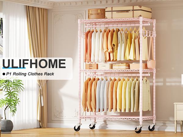 Heavy-Duty Rolling Clothes Rack P1 Pink Pastel Portable Wardrobe with Wheels for Hanging Clothes Organiser,Hold 500lbs Hangable Storage Furniture Organizing