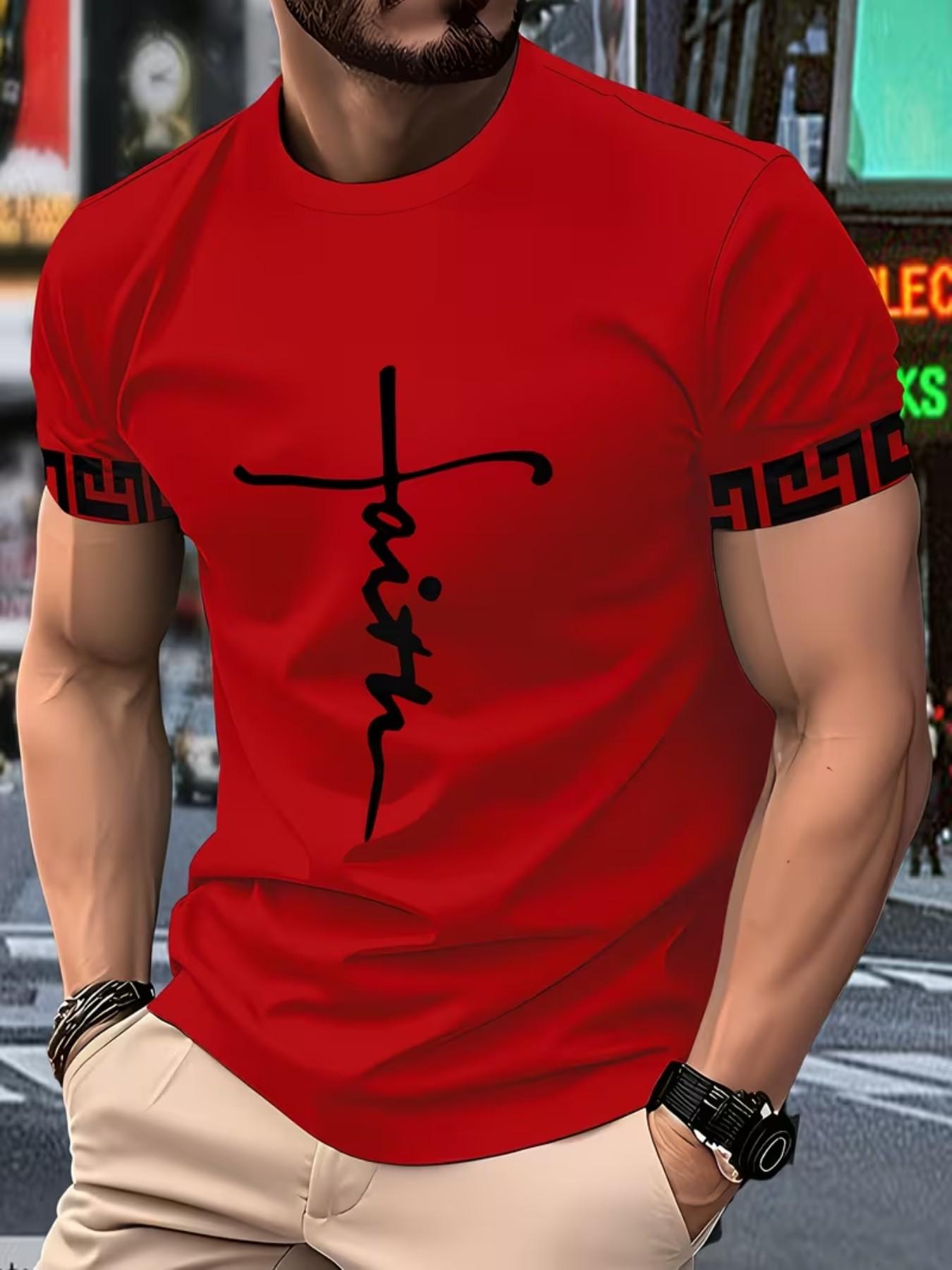 Men's Casual Slim-Fit T-Shirt, All over Print, No Button, No Zipper, Outdoor Commute, Fashionable American Retro Style