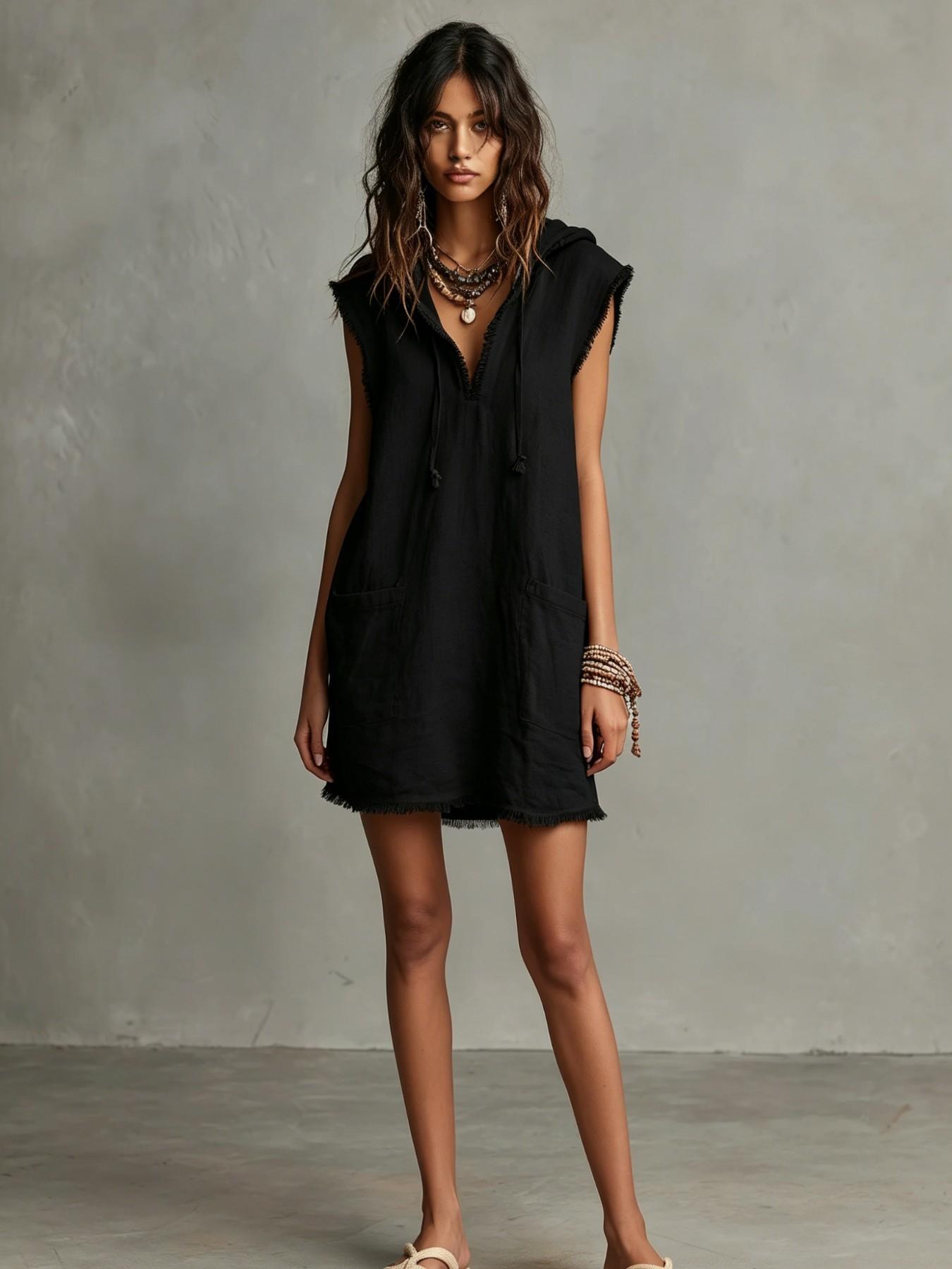 Minimalist Lightweight Linen Blend Sleeveless Dress with Hat, Summer V-Neck Frayed Edge Short Mini Dress, Women's Vacation