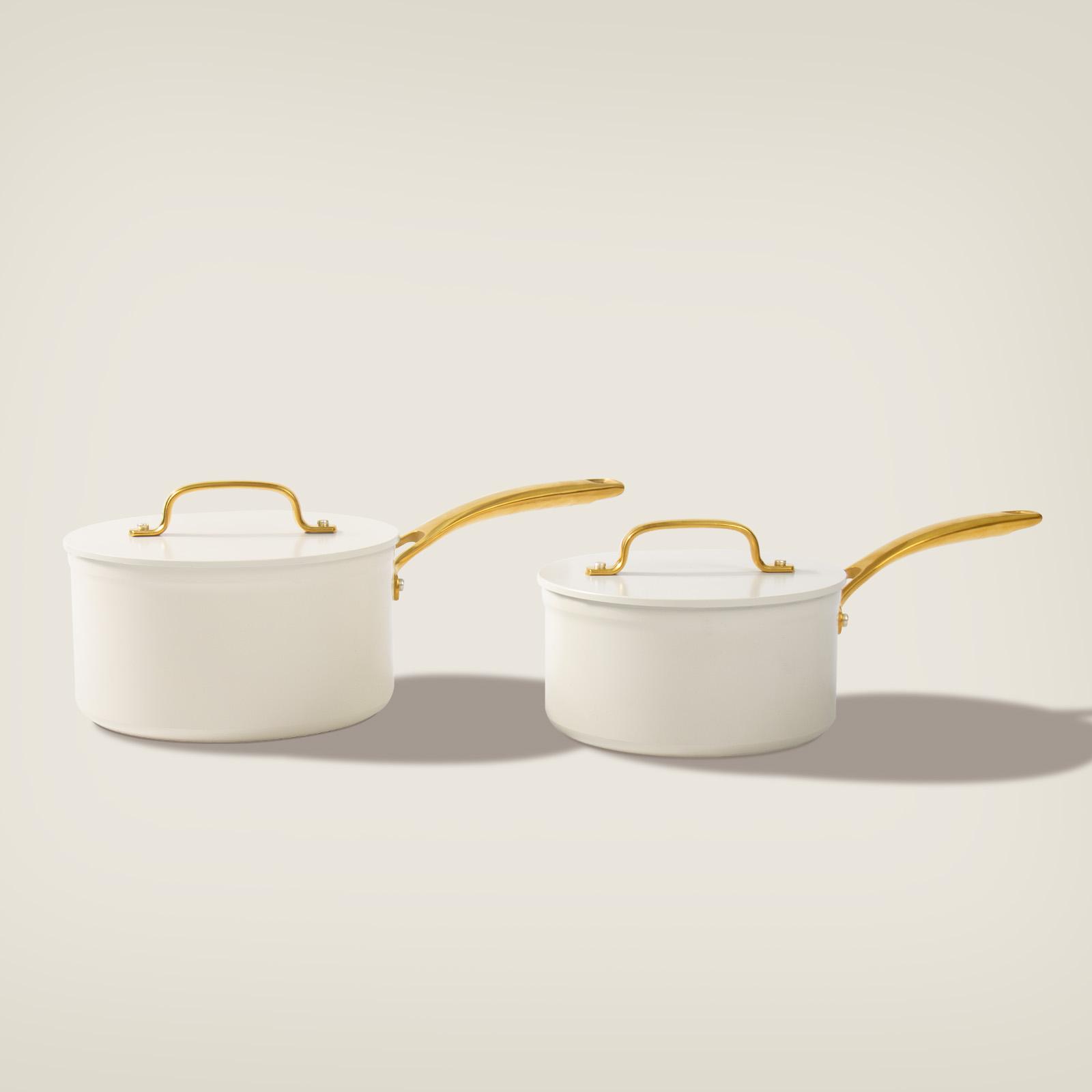 10pcs Golden Handle Ceramic Nonstick Cookware Set By Chef Power Sunray Series Oven Safe Kitchen Dining Pan Pot Utility white aesthetic cookware Frying