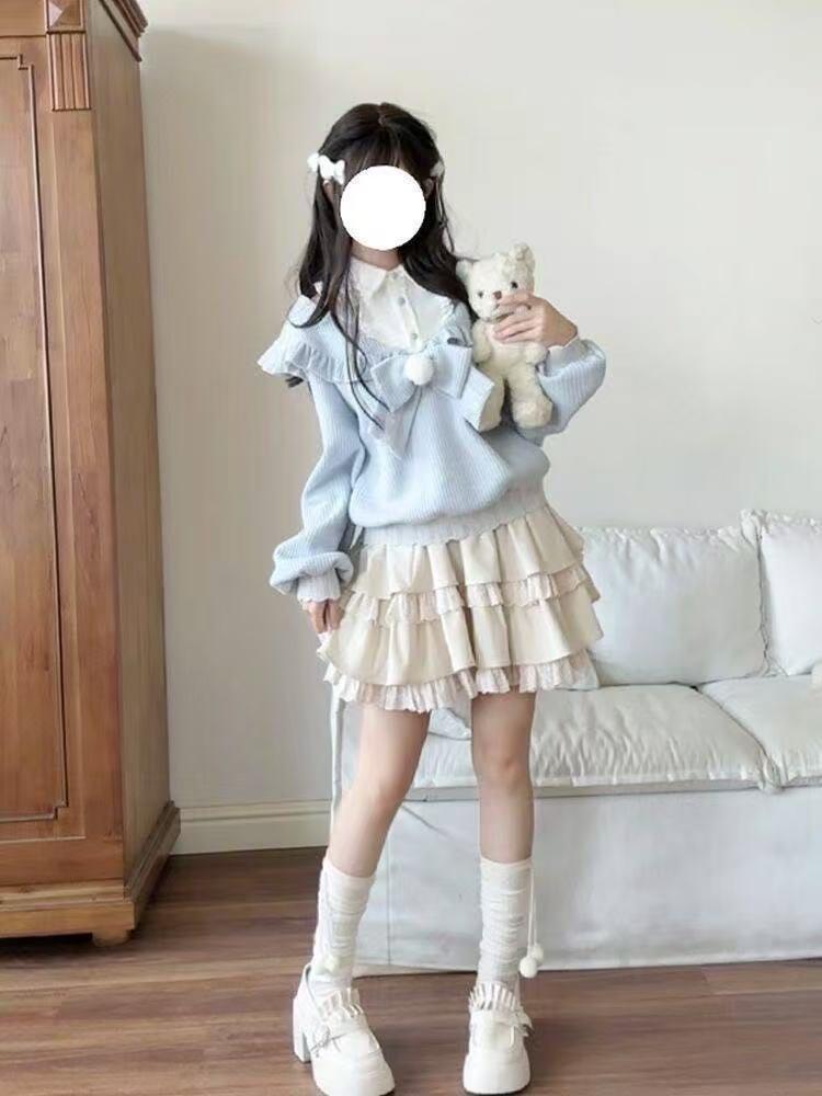 New Cute Slim Harajuku Autumn Outfits 2025 Japanese Sweet Lolita Kawaii 2 Piece Set Women Bow Patchwork Tops+ Cake Ruffle Skirts