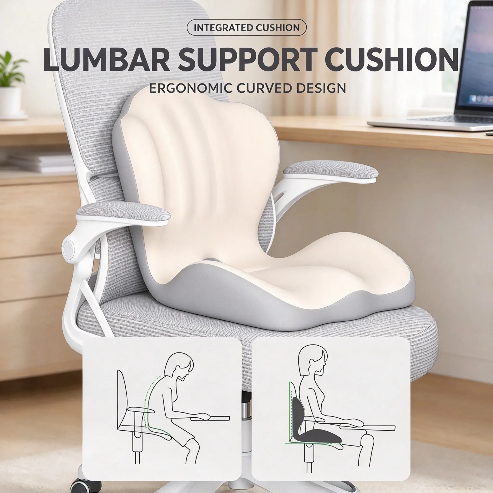 Ergonomic L-Shape Integrated Office Chair Upgrade Padded Seat Cushion - High-Density Memory Foam, Thickened Cushion with Back Support, Breathable Tailbone Cutout for Coccyx, Hip & Lower-Back Relief, Ideal for Office Chairs & Long-Hour Sitting