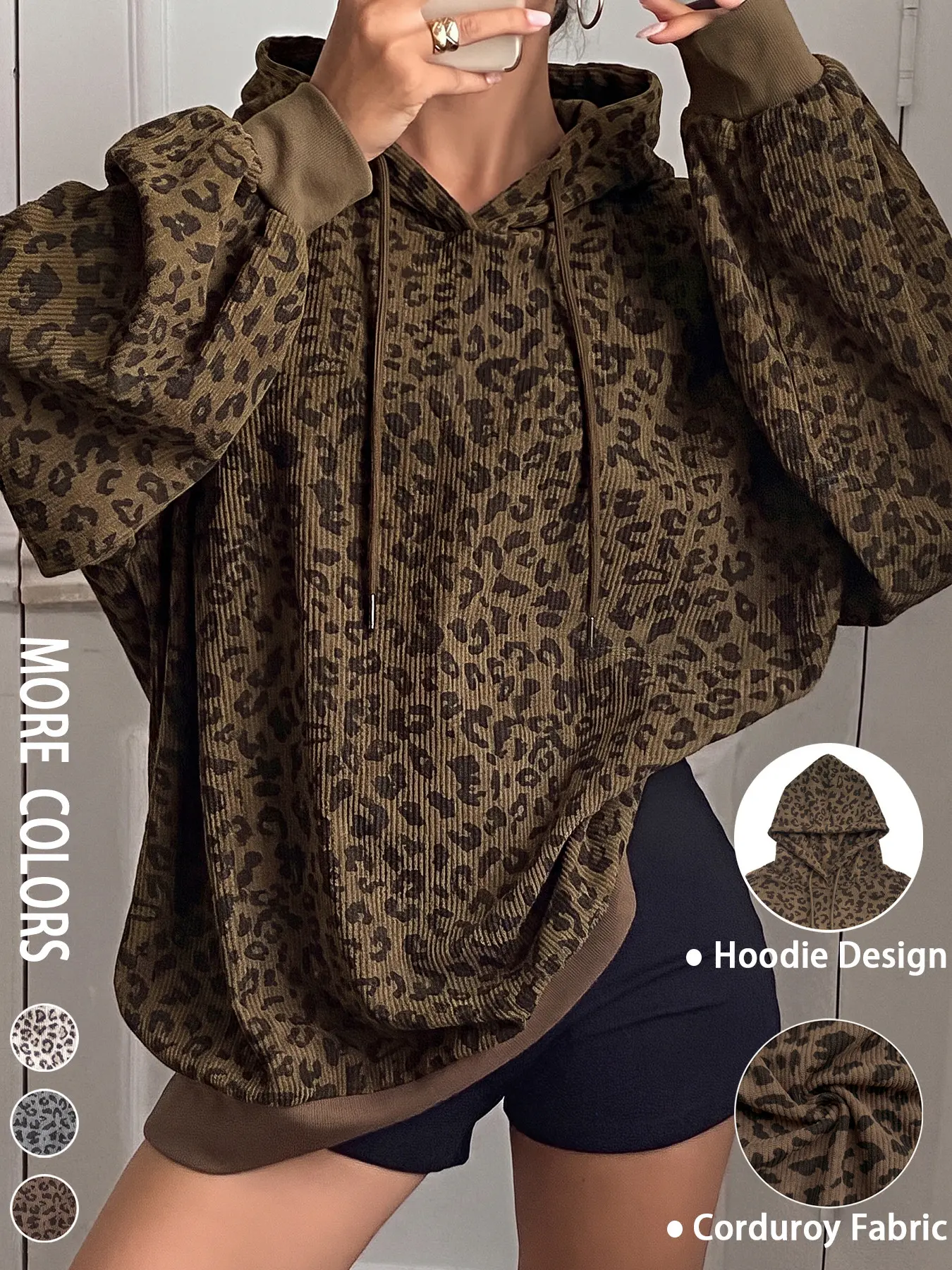 Women's Casual Leopard Print Corduroy Hoodie Sweatshirt, Loose Fit Baggy Long Sleeve Pullover, Fall & Winter Fashion, Comfortable Daily Wear