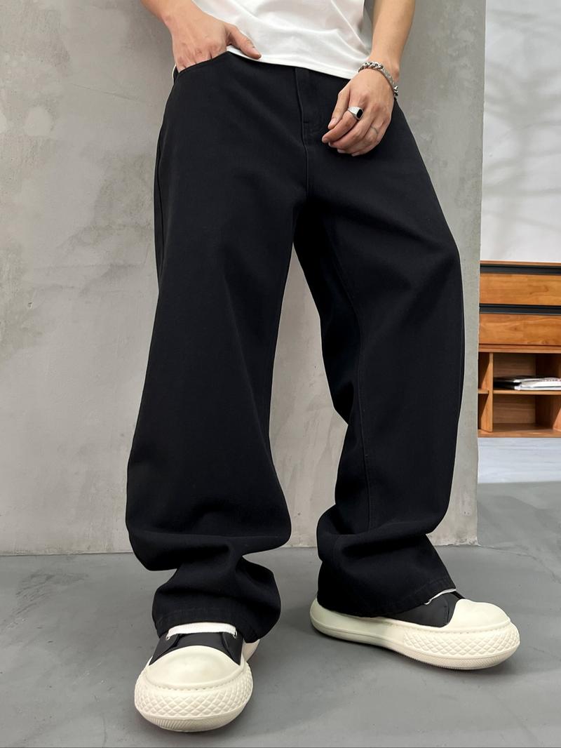 Men's Solid Color Wide Leg Jeans, Loose Casual Comfy Denim Trousers for Daily Wear, Fashion Men's Bottoms for All Seasons