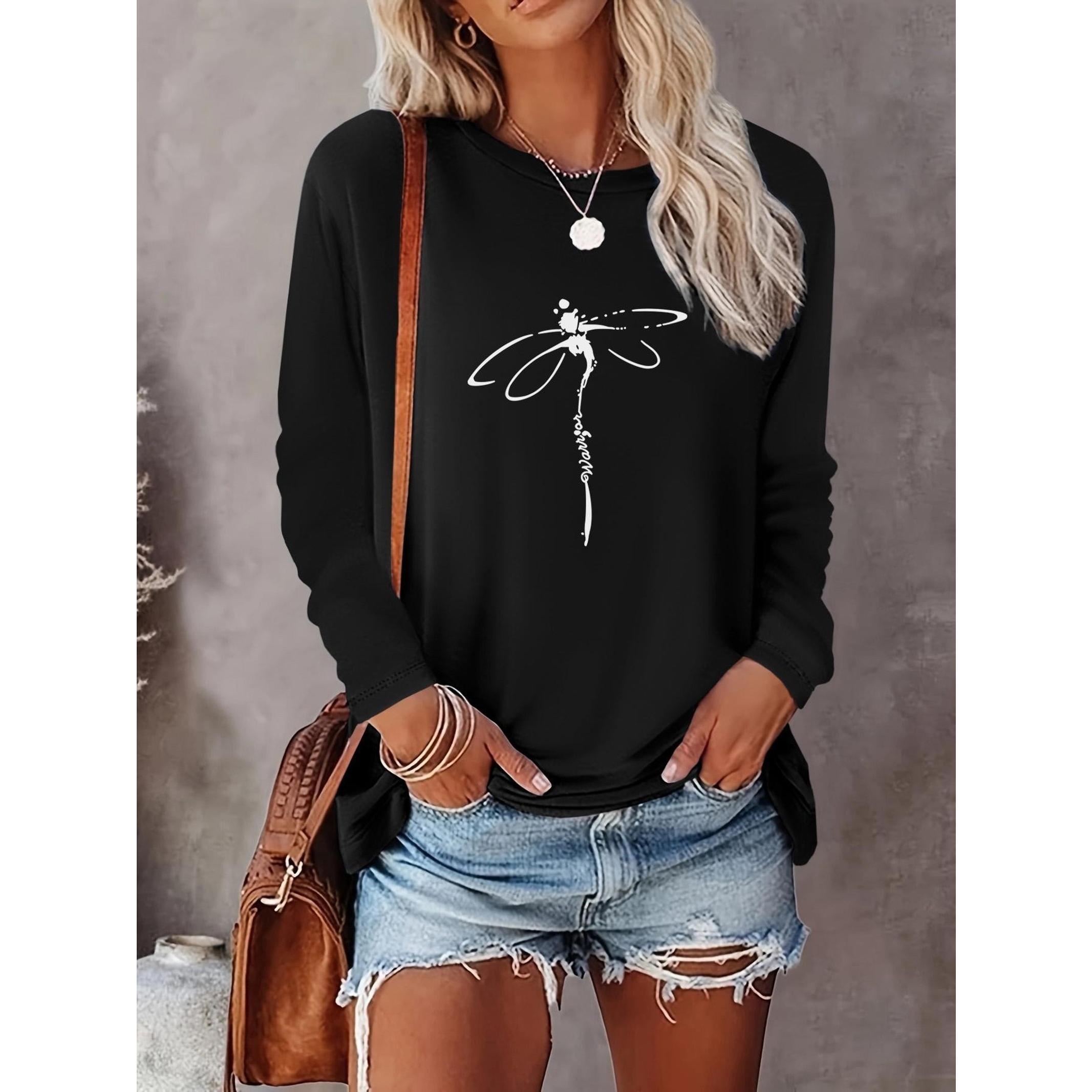 Women's Dragonfly Print Round Neck Tee, Casual Long Sleeve Crew Neck T-Shirt for Summer, Fashion Women's Top for Daily Wear, Everyday