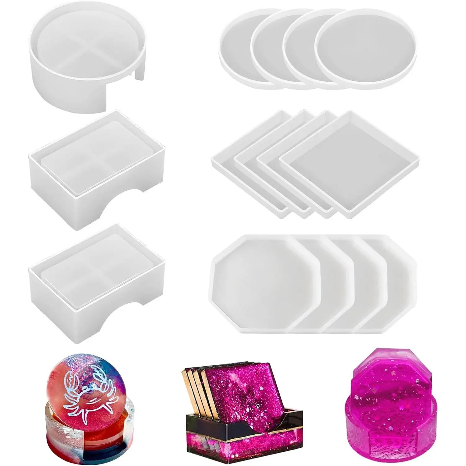 15 Pcs Silicone Resin Coaster Molds with Round Square Shape Holder for Epoxy DIY Art Craft Cup Mats