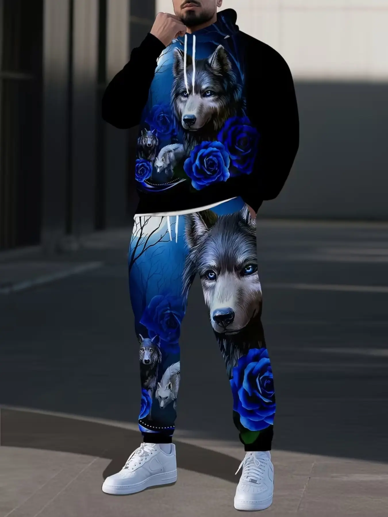 Men's 2-Piece Hoodie and Pants Set, Stylish Casual Tracksuit, Blue Rose Wolf Pack 3D Print, Casual Loose-Fit, Long Sleeve, All Seasons, Trendy Sportswear