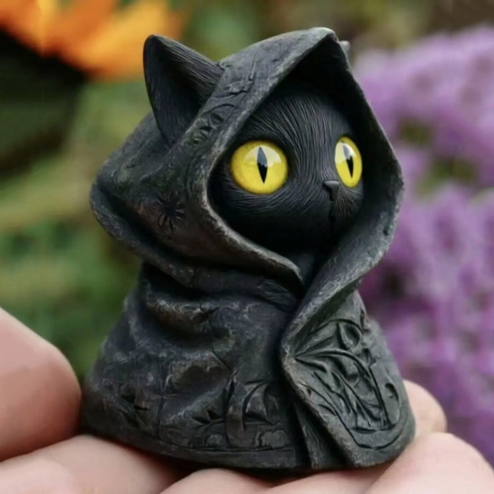 New Mysterious Hooded Cat Figurine, Gothic Cat Statue, Dark Witch Cat Ornament, Halloween Unique Gift Decor, Decorative Figurines