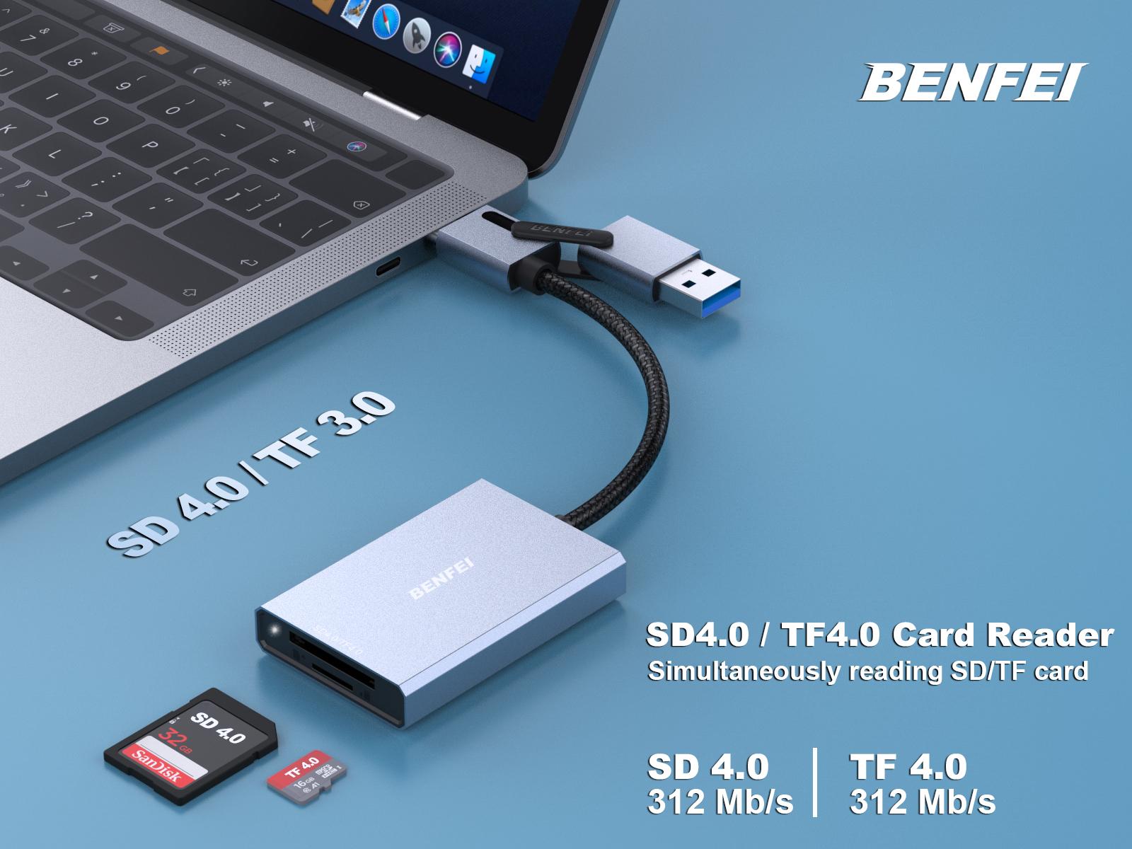 BENFEI SD 4.0 Card Reader, USB-C/USB-A 2-in-1 Memory Card Reader, for SDXC, SDHC, SD, MMC, RS-MMC, Micro SDXC, Micro SD, Micro SDHC Card, UHS-II, and UHS-I Cards BENFEI SD 4.0 Card Reader, USB-C/USB-A 2-in-1 Memory Card Reader, for SDXC, SDHC, SD, MMC, RS-MMC, Micro SDXC, Micro SD, Micro SDHC Card, UHS-II, and UHS-I Cards