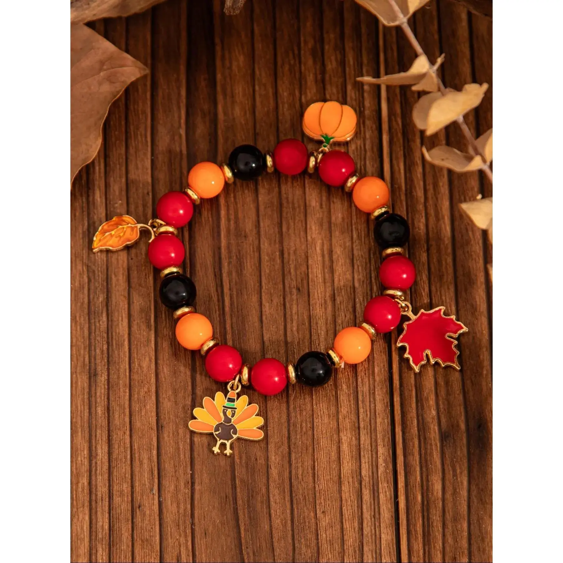 Thanksgiving Creative Maple Leaf Pendant Alloy Bracelet, Unique Letter Pumpkin Beaded Chain, Elastic Party Jewelry Gift Accessory