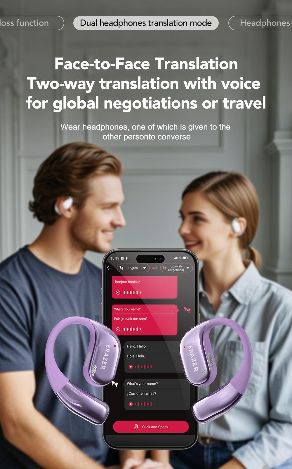 ERAZER X11 AI Translation Earbuds with APP Support 134 Languages Real Time Translate OWS Open-Ear Headphones Wireless Bluetooth 5.4 Earbuds With HD Mic Waterproof Earphones Gaming with Low Latency