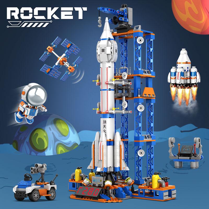 930pcs Space Launch Rocket Creative Building Blocks Toy Building Set Model Kit, Base Car Exploration Vehicle, Astronaut Figure, Desktop Decoration, Halloween Christmas Gift