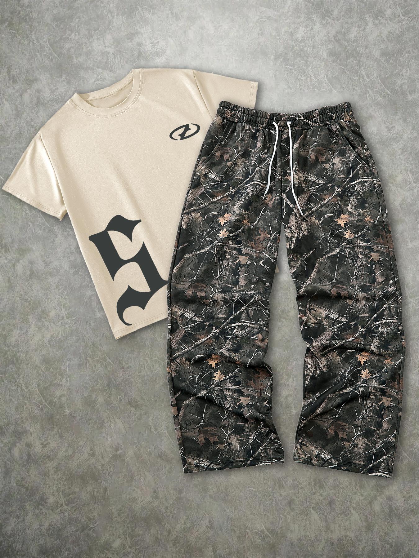 Men's Fashion Street Vintage Camo 2-Piece Set, Letter Print Short Sleeve T-Shirt & Leaf Camo Wide Leg Pants, Outdoor Adventure/street Style