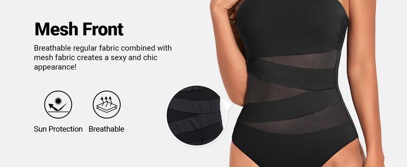 Holipick Women Strapless Bandeau One Piece Swimsuits Sexy Mesh Cutout Bathing Suits Tummy Control Swimwear