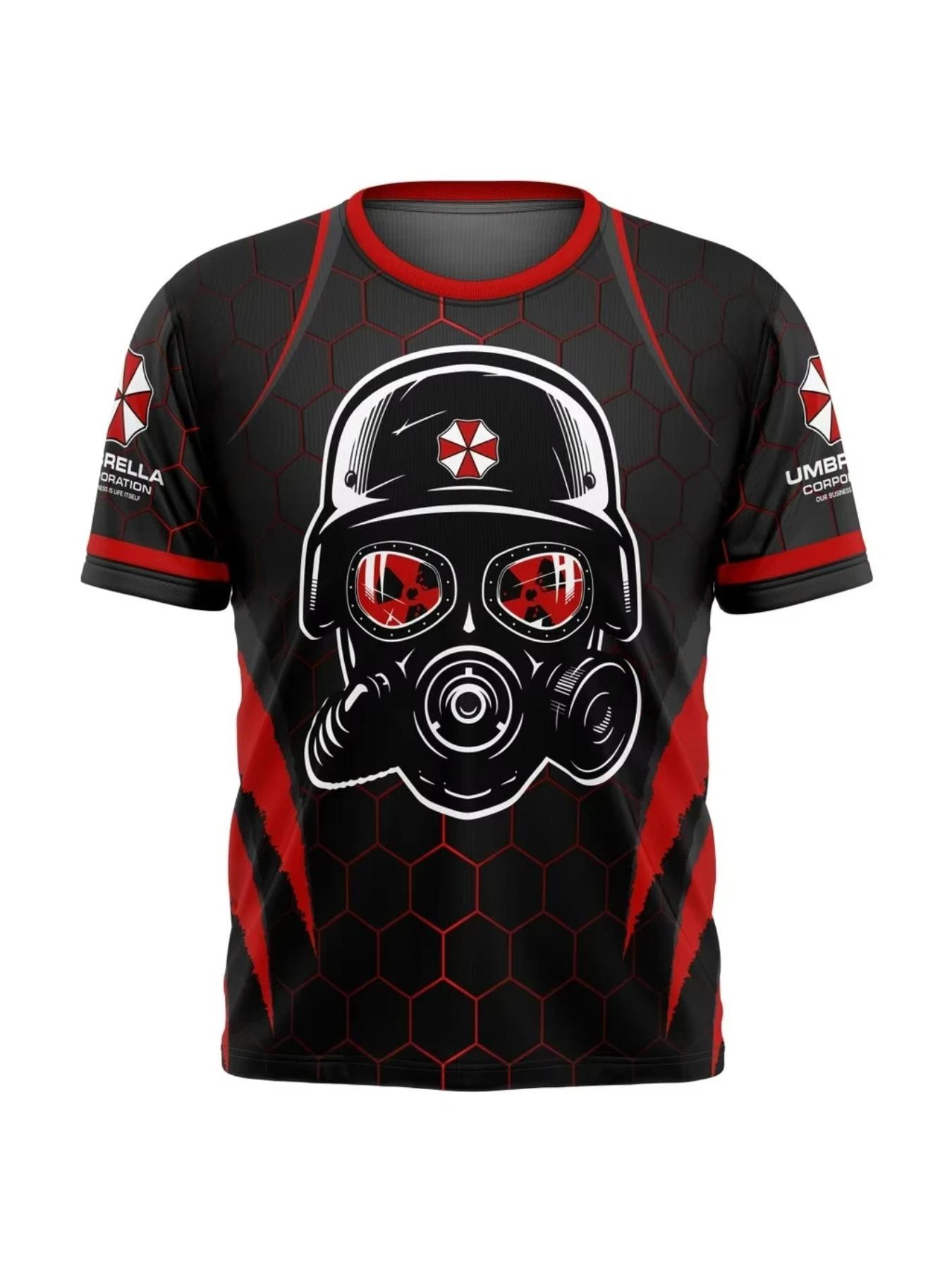 Game costume, gas mask T-shirt, biohazard pattern T-shirt, short sleeved unisex, oversized street game top