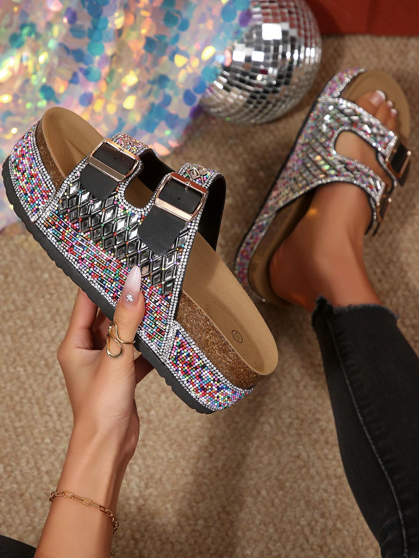 Women's Summer Fashion Thick Sole Sandals Bohemian Style Platform Slides 2026 New Trendy Rhinestone Colorful Stone Slippers O Wedge Beach Shoes Must-have for Coastal Vacation Flexible Sandals
