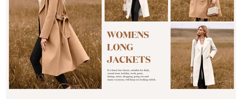 FMEYOA Womens 2025 Notched Lapel Collar Coats Open Front Long Jackets Overcoat with Belt