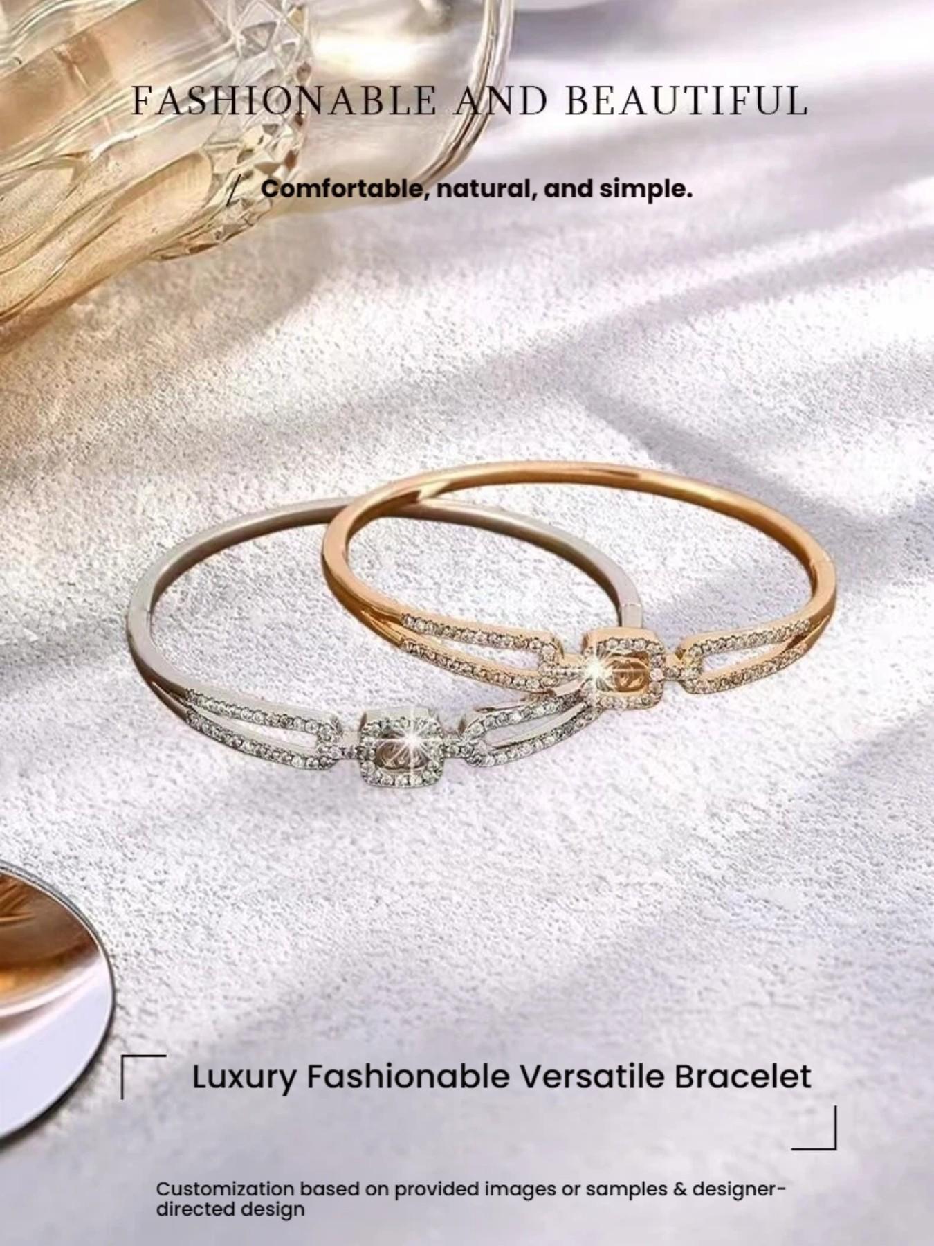 Luxury Diamond-Embedded Open Bracelet for Women, Boho Style, Stainless Steel Chain, Fashionable Accessory for Daily Wear and Evening Events