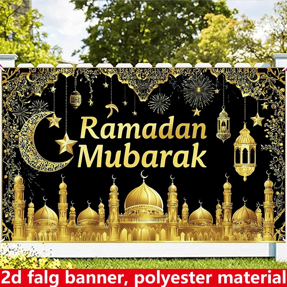 Ramadan Mubarak party banner, black and gold lantern fireworks themed background fabric, Eid al Fitr decoration supplies, polyester material, suitable for photo booths, parties, birthdays, celebrations, holiday party supplies, Party Decorations Banners