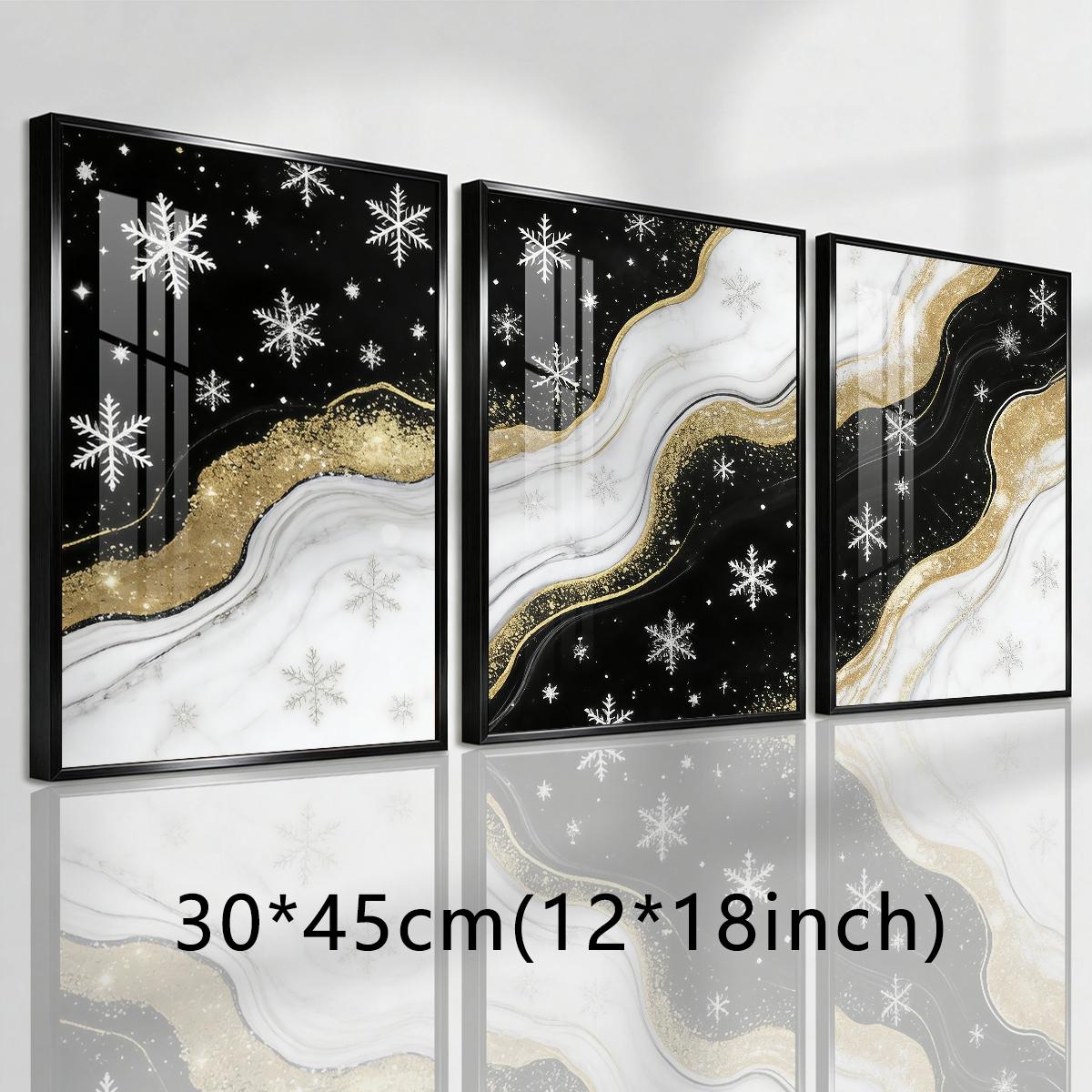 3 Counts Aluminum Alloy Framed Painting, Black White And Gold Snowflake Abstract Art Pictures, Home Decoration For Living Room, Bedroom, Office, Restaurant, Hallway Wall Decor, Odorless Print Artwork, Luxury Perfect Gift For Friends And Family