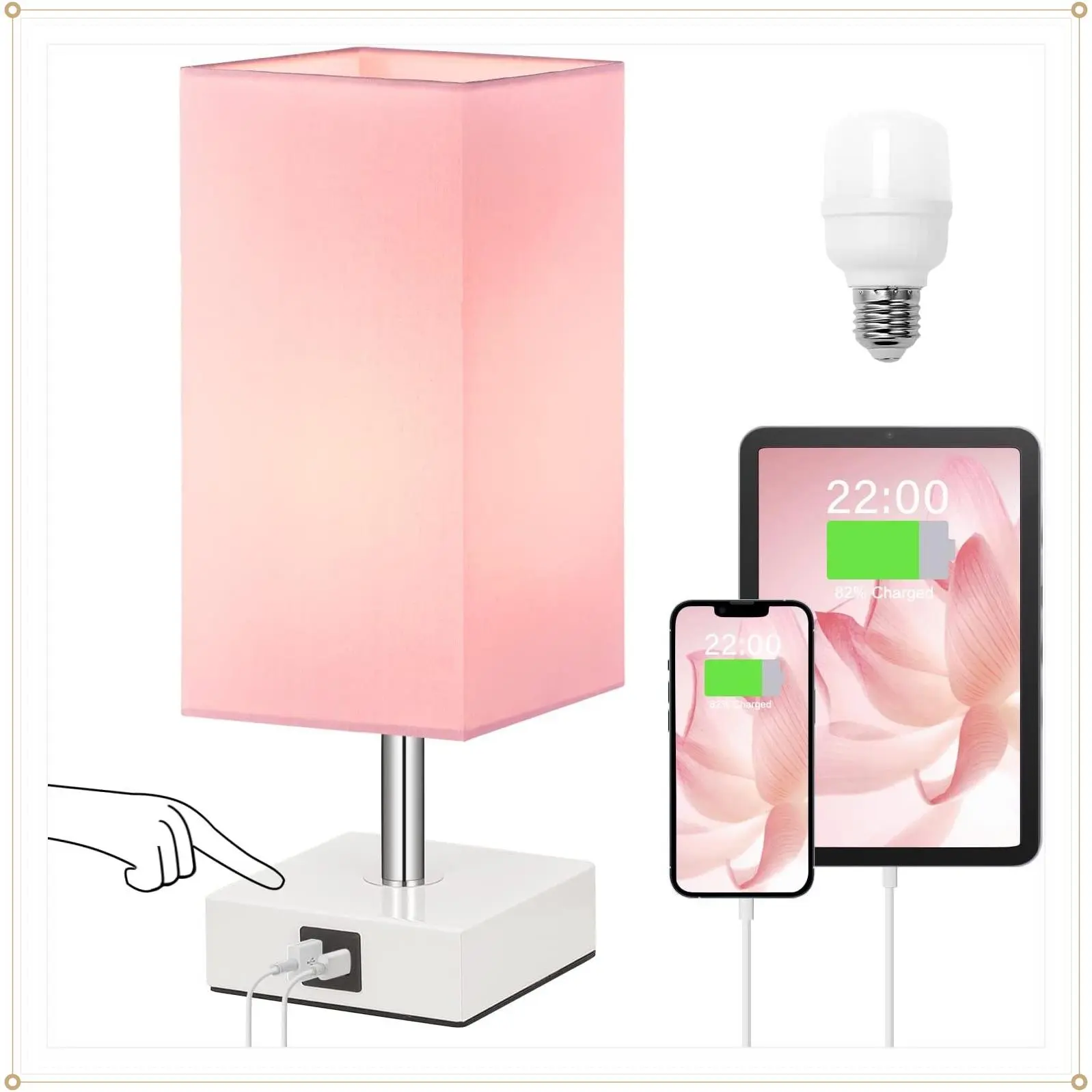 Pink Touch Table Lamp for Bedroom - 3-Way Dimmable, USB C+A Charging Ports, 3000K LED Bulb Included, Square Pink Shade White Base, Cute Room Decor for Teen Girls Kids Nightstand DeskGift